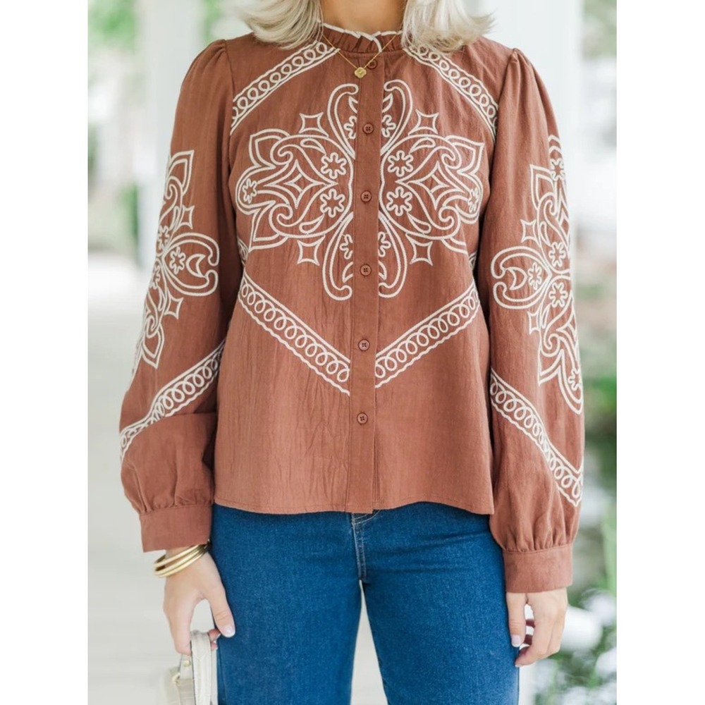 &merci Embroidered Button‎ Up Blouse Medium Terracotta Brown Western